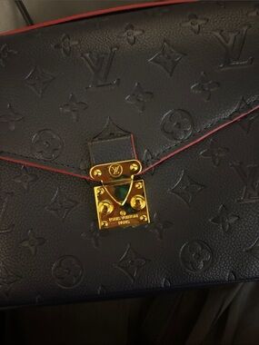 Louis Vuitton Monogram Embossed Black Leather Shoulder Bag with Red Trim